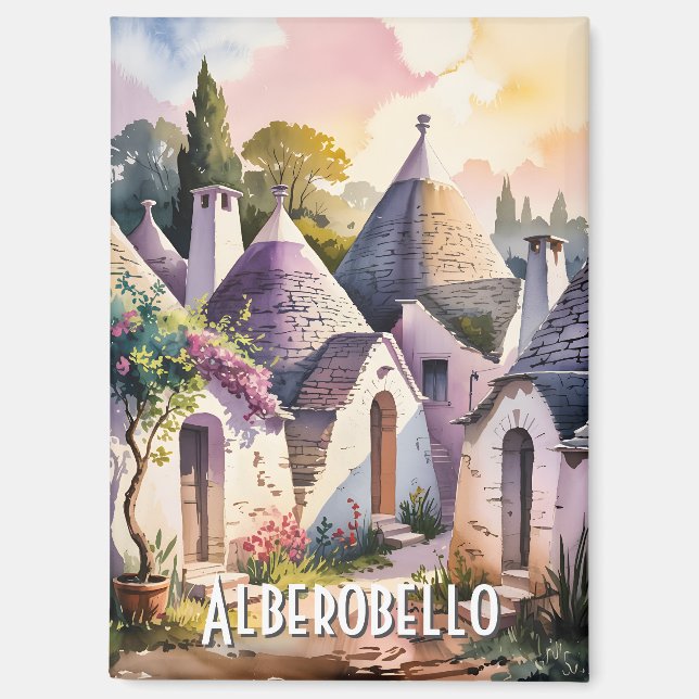 Custom Text Alberobello Italy Trulli Watercolor Magnet (Front)