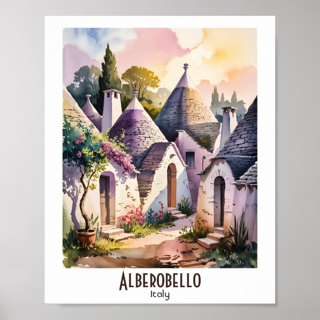 Custom Text Alberobello Italy Trulli Watercolor Poster (Front)