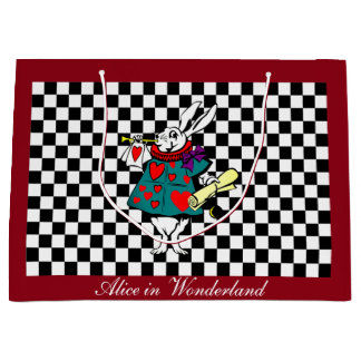 Custom Text Alice in Wonderland White Rabbit Check Large Gift Bag
