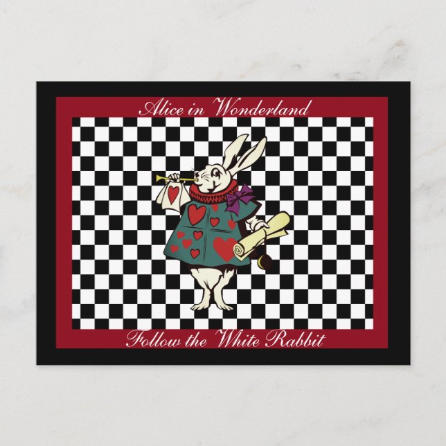 Custom Text Alice in Wonderland White Rabbit Check Postcard (Front)