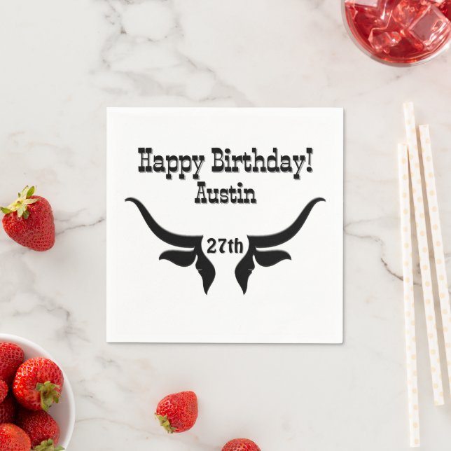 Custom Text and Age Bull Horns Western Birthday Napkin (Insitu)