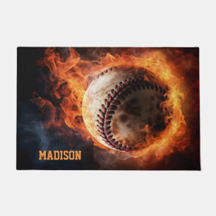 Custom Text Baseball on Fire Doormat