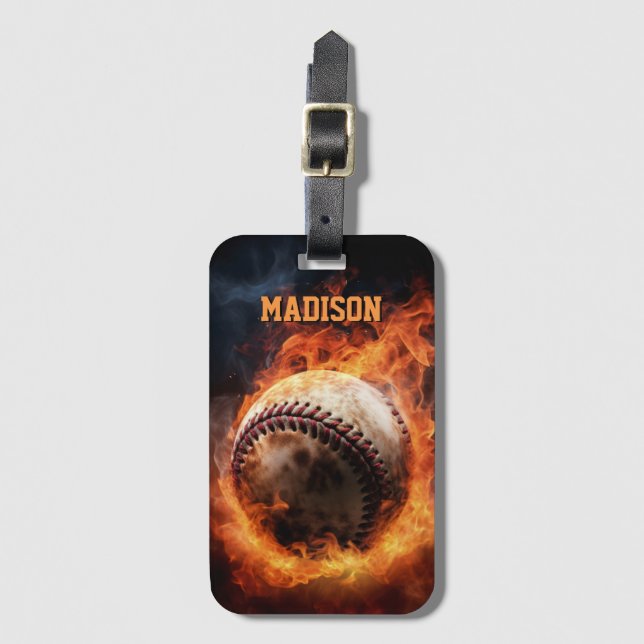 Custom Text Baseball on Fire Luggage Tag (Front Vertical)