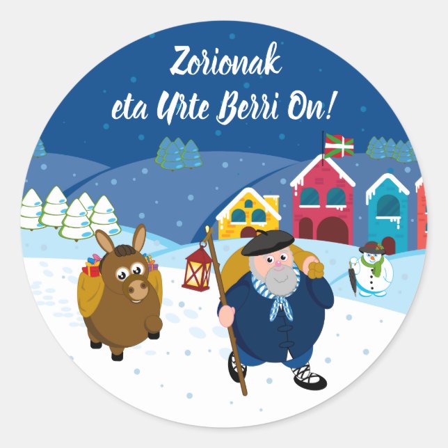 Custom text Basque Olentzero Christmas snow scene: Classic Round Sticker (Front)