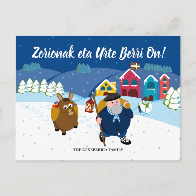 Custom text Basque Olentzero Christmas snow scene: Holiday Postcard (Front)