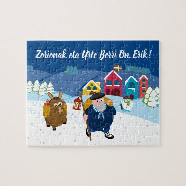 Custom text Basque Olentzero Christmas snow scene: Jigsaw Puzzle (Horizontal)