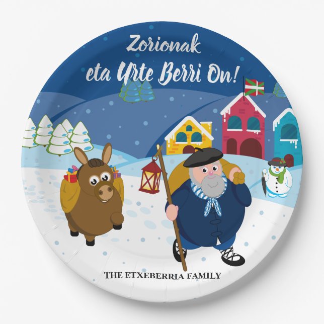 Custom text Basque Olentzero Christmas snow scene: Paper Plate (Front)