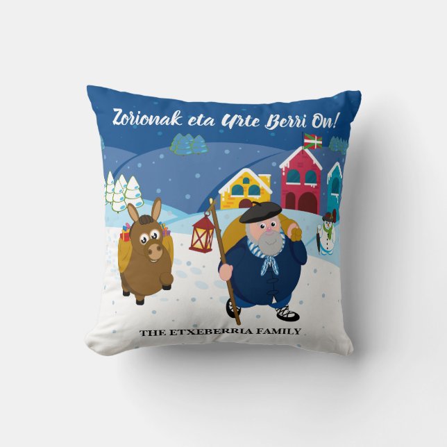 Custom text Basque Olentzero Christmas snow scene: Throw Pillow (Front)