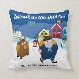 Custom text Basque Olentzero Christmas snow scene: Throw Pillow