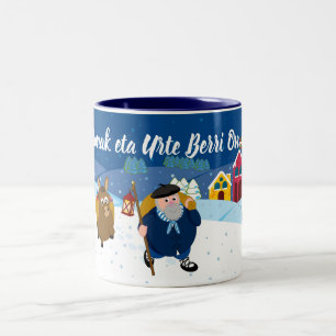Custom text Basque Olentzero Christmas snow scene: Two-Tone Coffee Mug