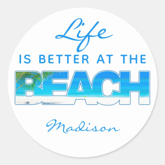 Custom text BEACH Classic Round Sticker (Front)