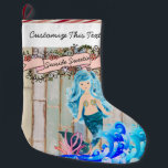 Custom Text/ Beach Island Ocean Mermaid Glitter Large Christmas Stocking<br><div class="desc">If you are taking a vacation to Hawaii, Florida or other warm weather location or if you live in these area's, and you have a tropical Christmas, then this beach mermaid is for you. Custom and personalize this design. To add your own custom text, click on the "abc Personalize This...</div>