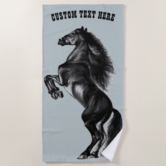 Custom Text Beach Towel - Rearing Black Wild Horse (Front)
