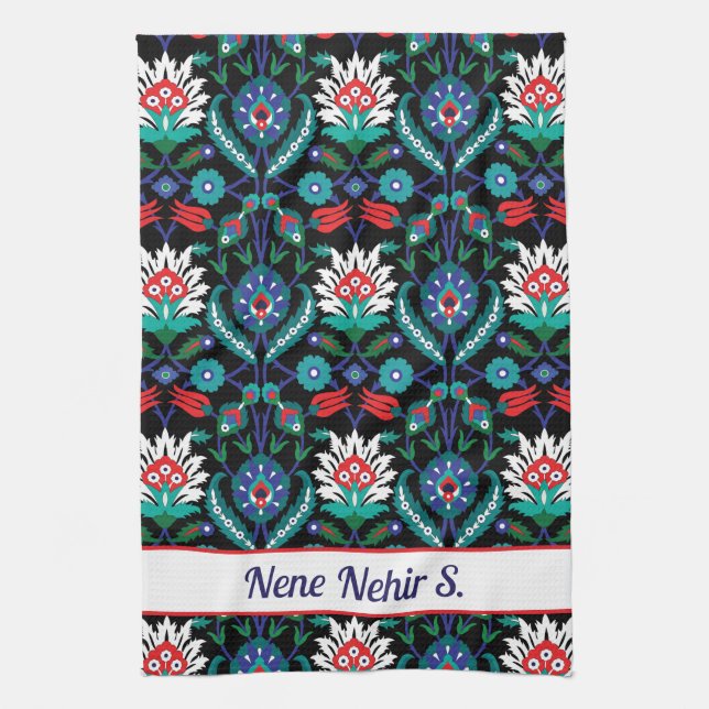 Custom text 💙❤️🖤 Beautiful Iznik Turkish pattern Kitchen Towel (Vertical)