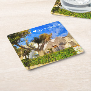 Custom text, beautiful view of Alberobello, Apulia Square Paper Coaster