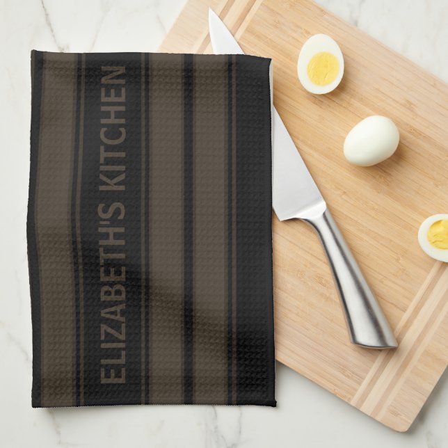 Custom Text Black and Brown Striped Kitchen Towel (Quarter Fold)