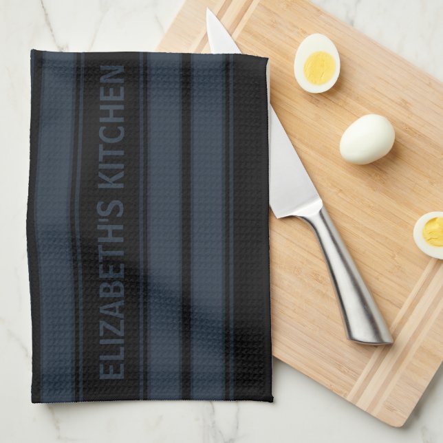 Custom Text Black and Grey Striped Kitchen Towel (Quarter Fold)