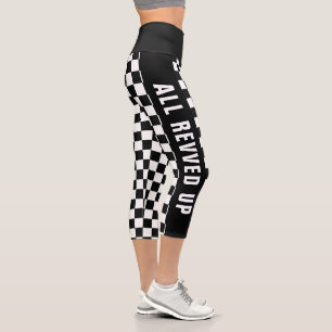 Custom Text Black And White Chequered Flag Pattern Capri Leggings