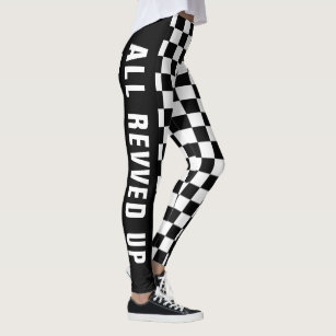 Custom Text Black And White Chequered Flag Pattern Leggings