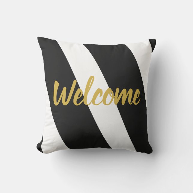 Custom Text Black and White Striped Outdoor Pillow (Front)