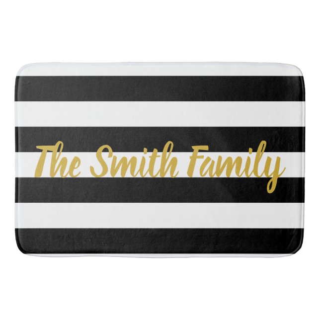 Custom Text Black and White Striped Pattern Bath Mat (Front)