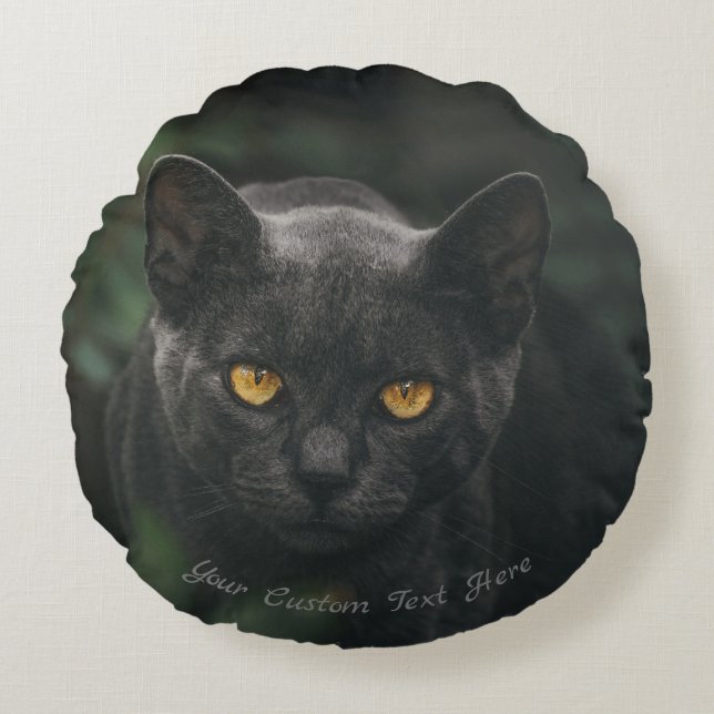 Custom Text | Black Cat Spooky Glowing Eyes Round Pillow (Front)
