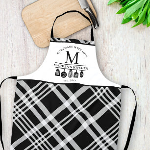 Custom Text Black White Buffalo Plaid Monogram Apron