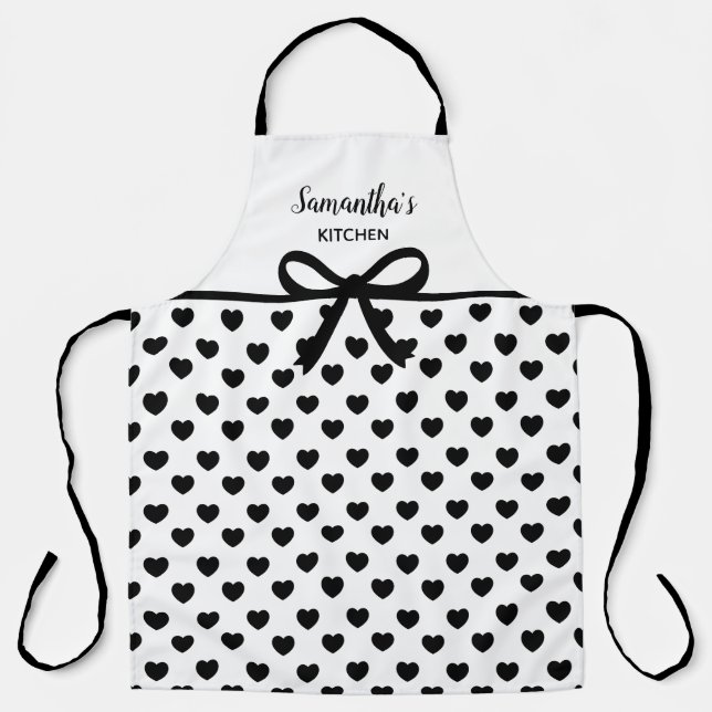 Custom Text Black White Polka Dots Hearts Kitchen Apron (Front)
