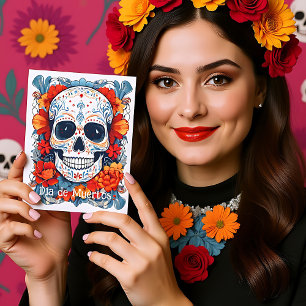 Custom text blue and red Día de Muertos Holiday Postcard