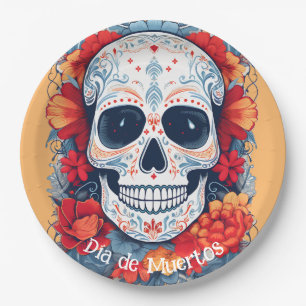 Custom text blue and red Día de Muertos Paper Plate