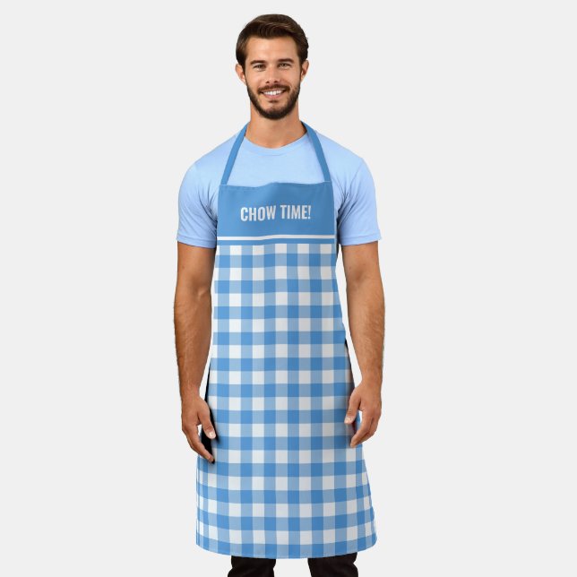 Custom Text Blue and White Buffalo Plaid Apron (Worn)
