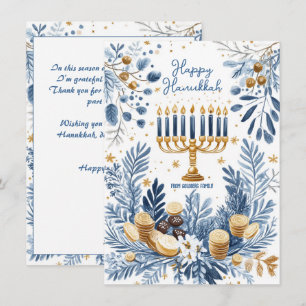 Custom text Blue Blossom Hanukkah Menorah Holiday Card