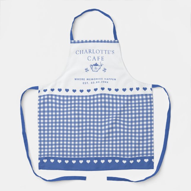Custom Text Blue Buffalo Check Chinoiserie Style Apron (Front)