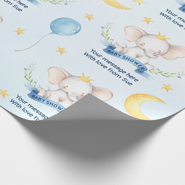 Custom Text Blue Watercolor Elephant Baby Shower Wrapping Paper (Corner)
