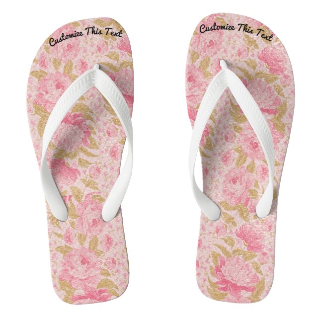 Custom Text / Blush Metallic Glitter Floral Shabby Flip Flops (Footbed)