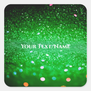Custom Text - Bokeh Glitter - Green Square Sticker
