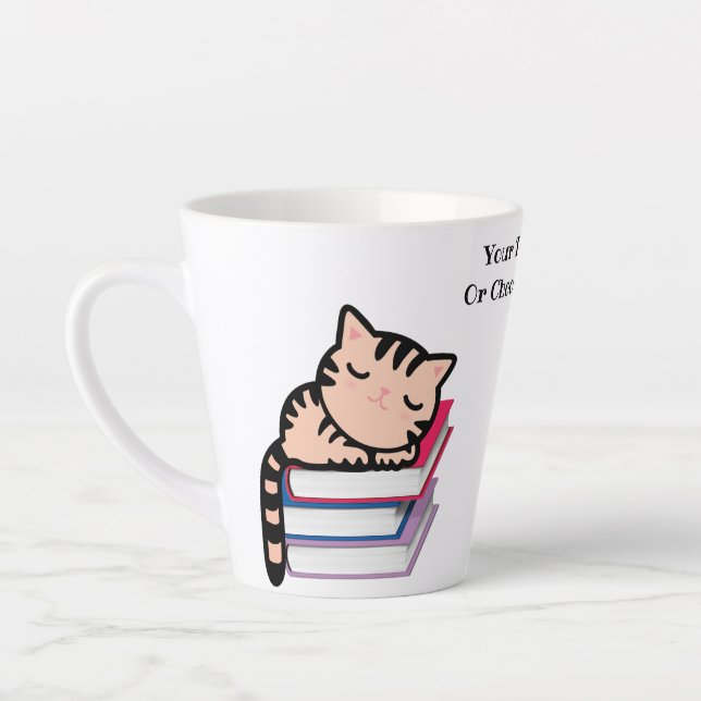 Custom Text/ Book Lover Cat Lover Kawaii Kitty Latte Mug (Left)
