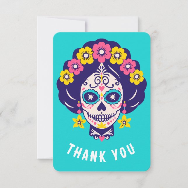 Custom Text Bright Floral Sugar Skull Girl   Thank You Card (Front)