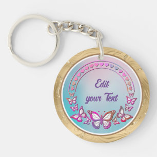 Custom Text, butterflies, and Heart love monogram Keychain