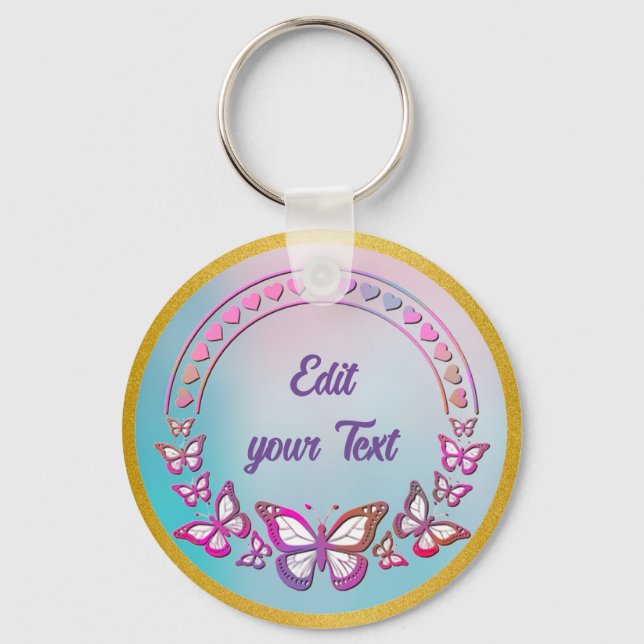 Custom Text, butterflies, and Heart love monogram Keychain (Front)
