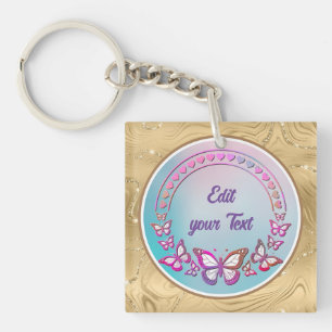 Custom Text, butterflies, and Heart love monogram Keychain