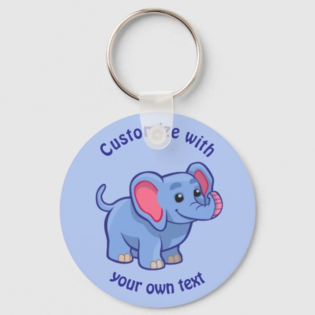 Custom Text Cartoon Elephant Blue Keychain (Front)