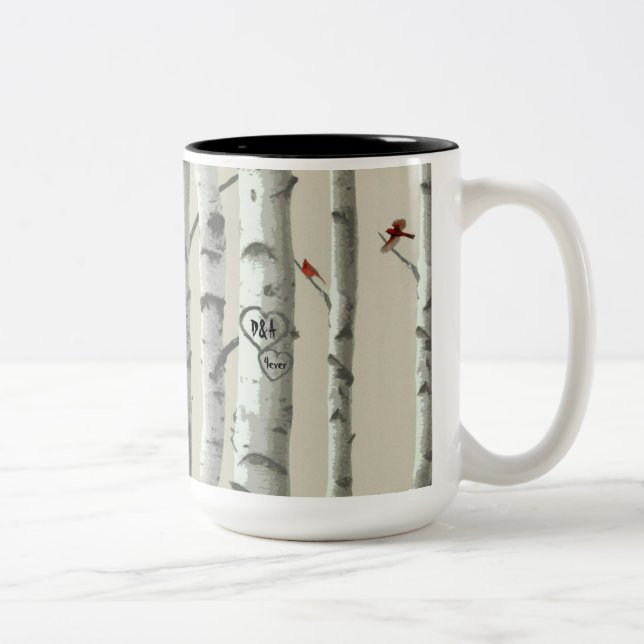 Custom Text Carved Hearts On Birch Trees Valentine Two-Tone Coffee Mug (Right)