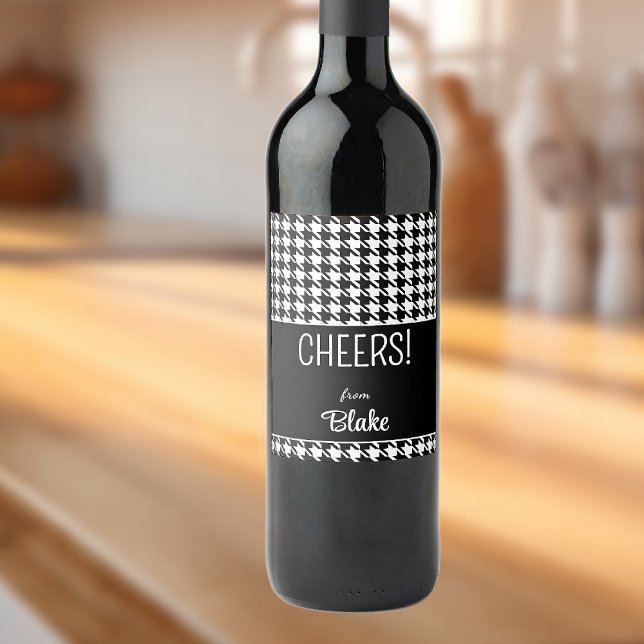 Custom Text, CHEERS Black &amp; White Houndstooth (6) Wine Label (Creator Uploaded)