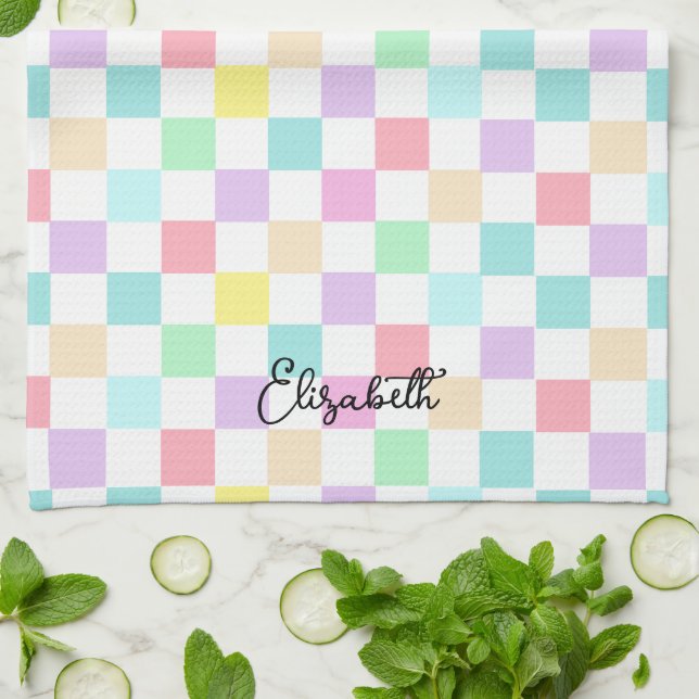 Custom Text chequered pastel colours Kitchen Towel (Folded)