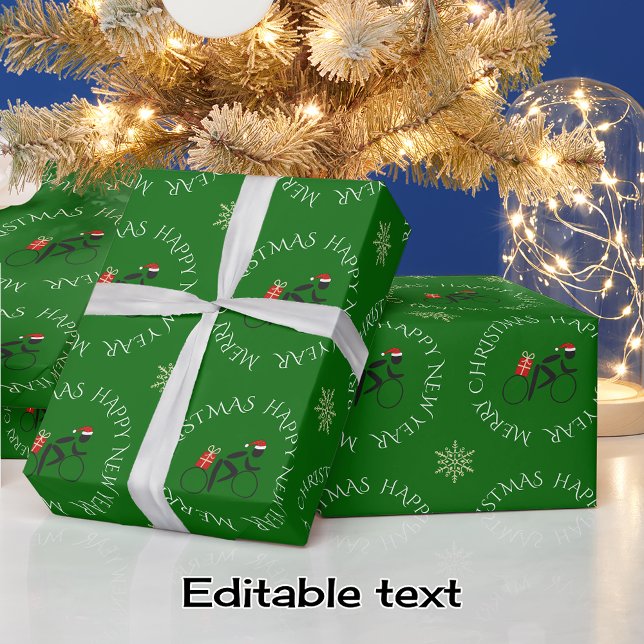 Custom text christmas cyclist with gift green wrapping paper (Creator Uploaded)