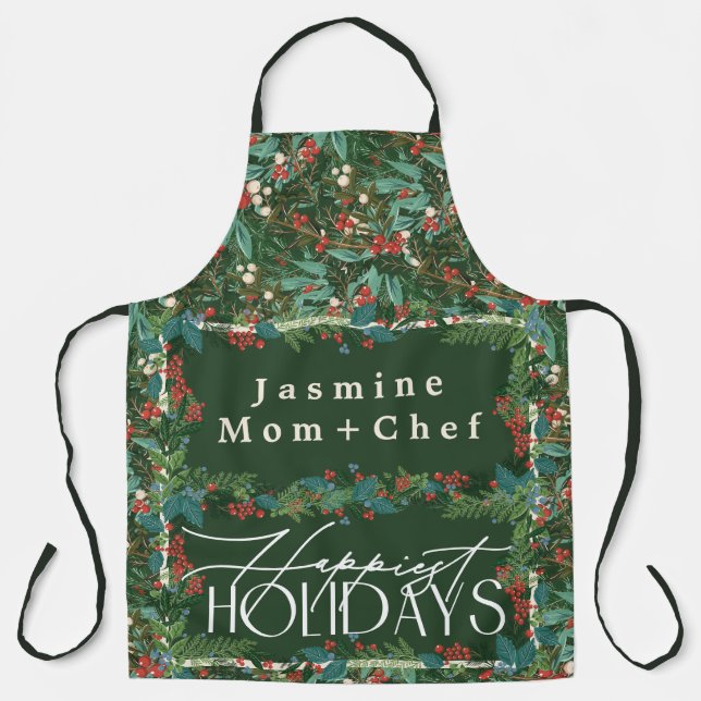 Custom Text Classic Botanical Holiday Christmas Apron (Front)