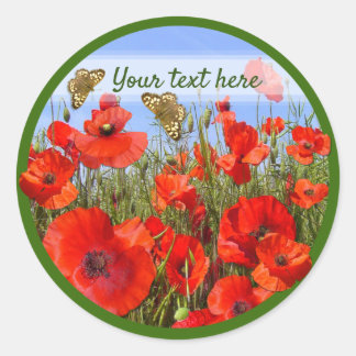Custom Text Colorful Poppy Field Classic Round Sticker
