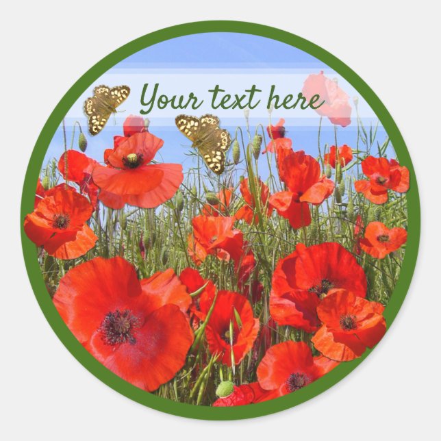 Custom Text Colorful Poppy Field Classic Round Sticker (Front)