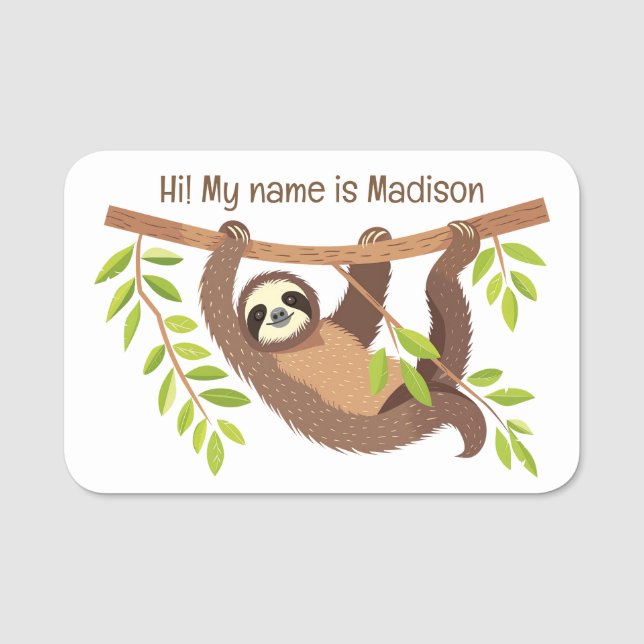 Custom Text & Colour Cute Sloth Name Tag (Front)